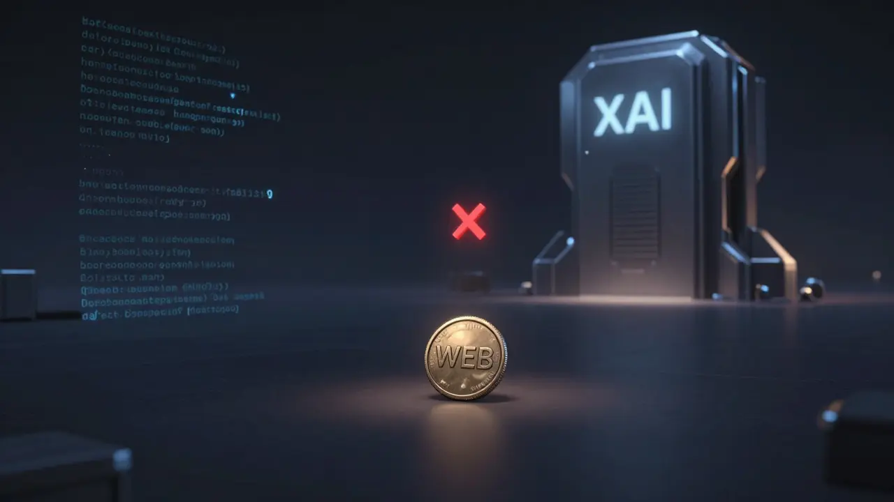 A lonely WEB coin isolated in a dark void, separated from a large xAI structure.