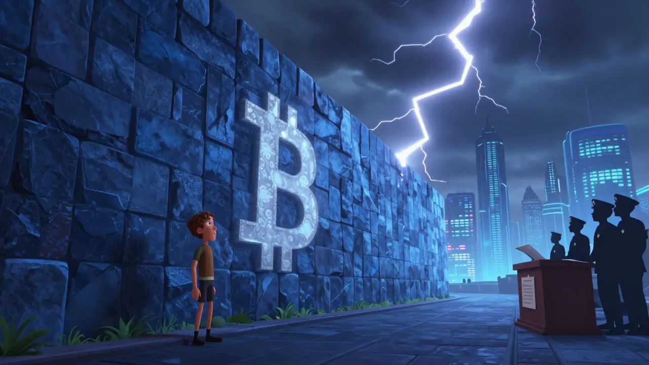 A massive wall blocks access to digital finance, symbolizing the 2025 total ban.