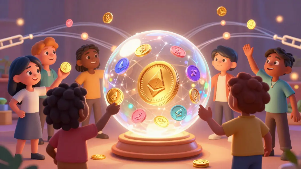 Animated characters using a magic orb for single-token crypto deposits
