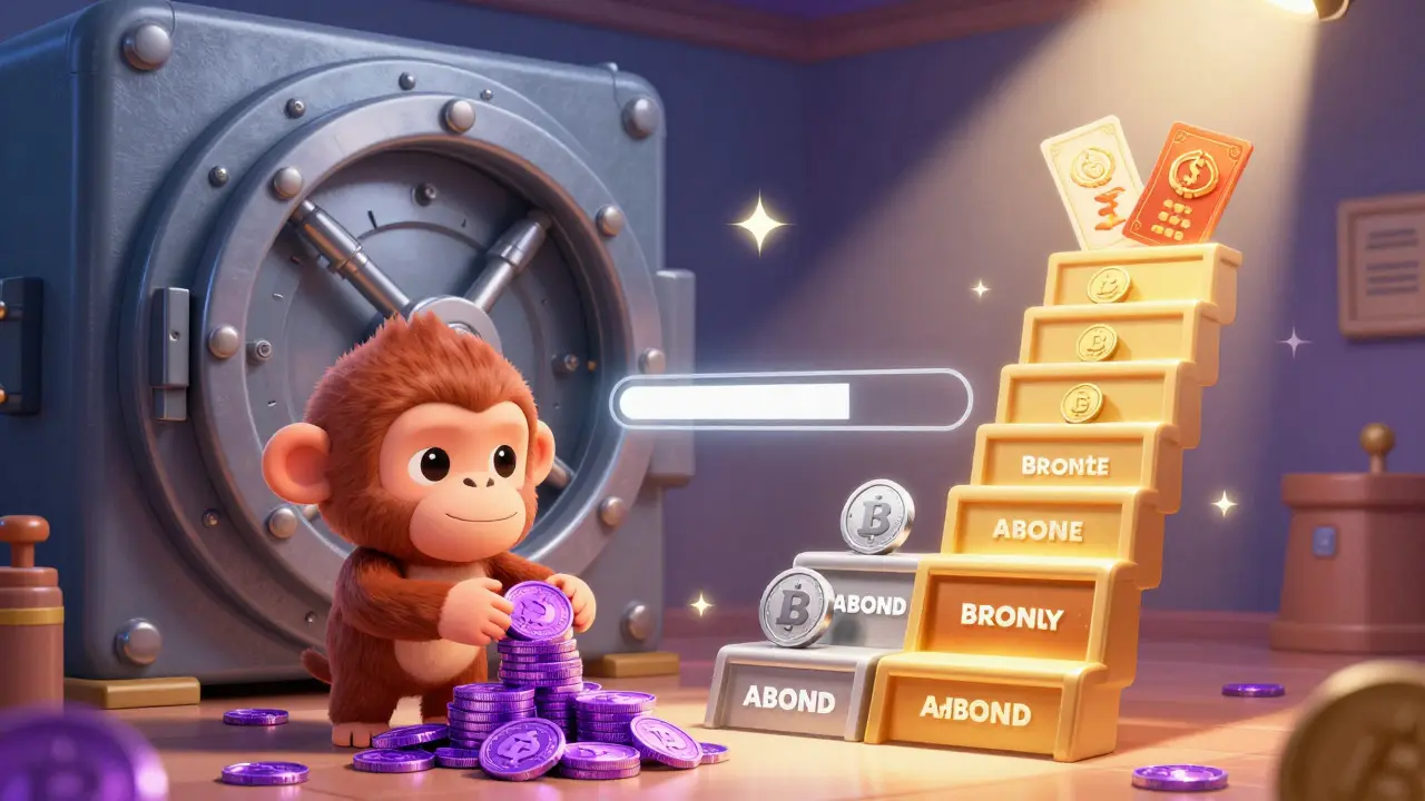 Ape character locking tokens in a vault to earn reward tiers