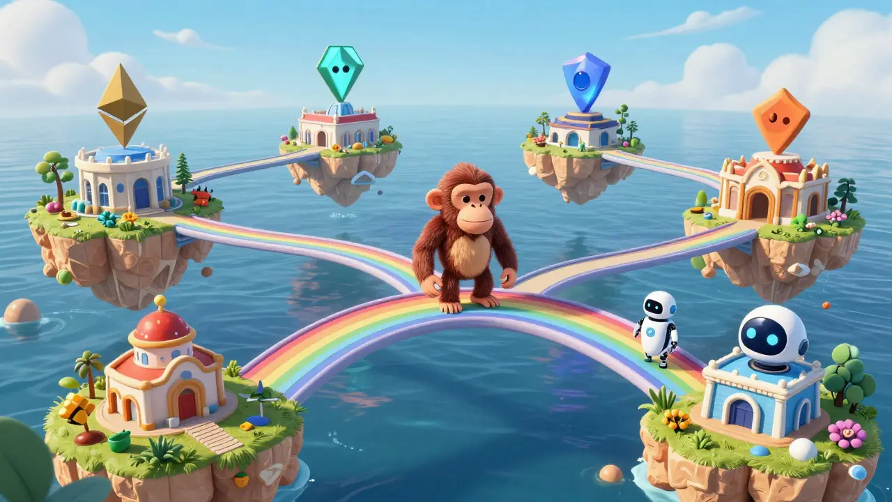 Ape crossing a bridge connecting different blockchain islands