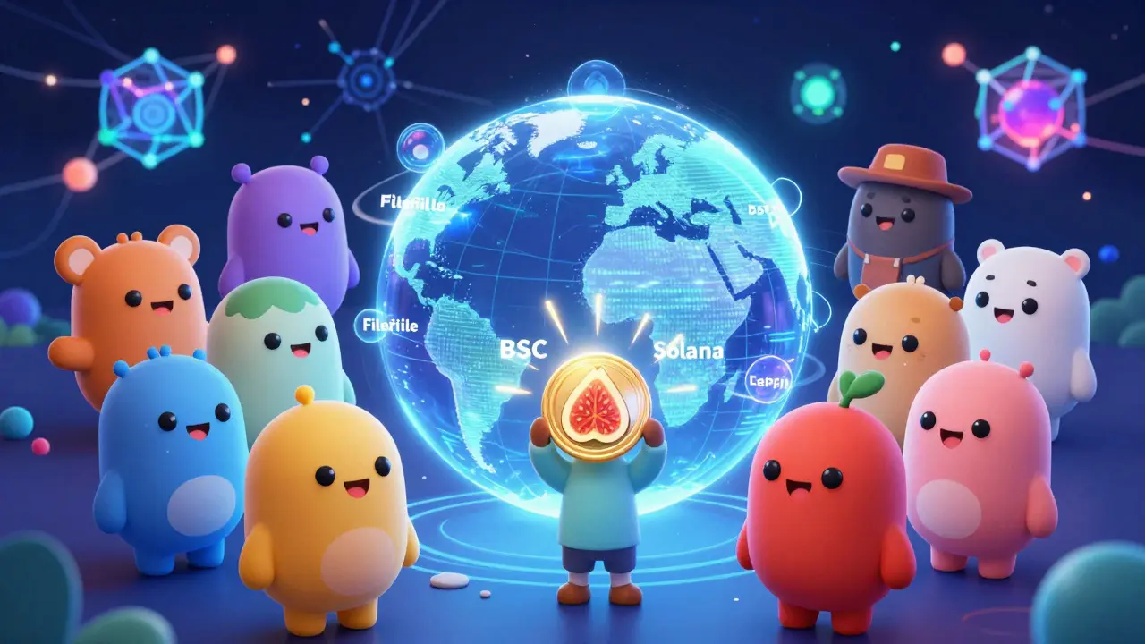 Avatars gathering around holographic globe with glowing FIG token