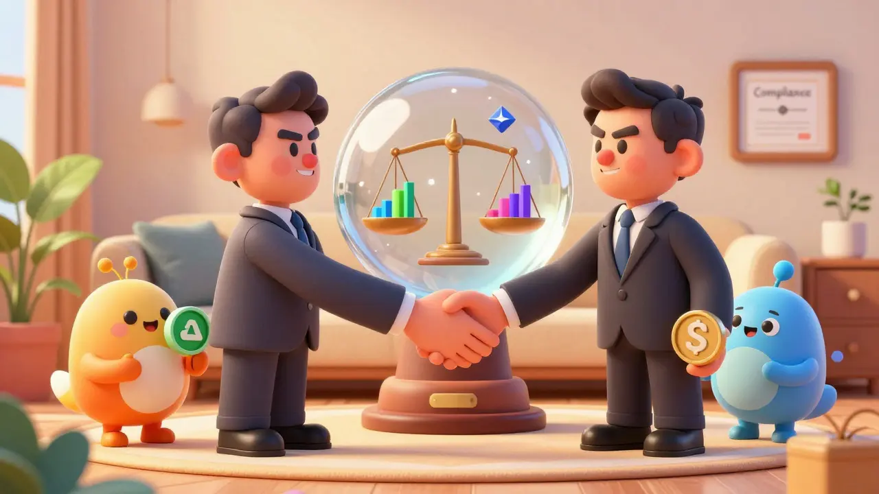 Bankers and DeFi characters shaking hands in a warm room