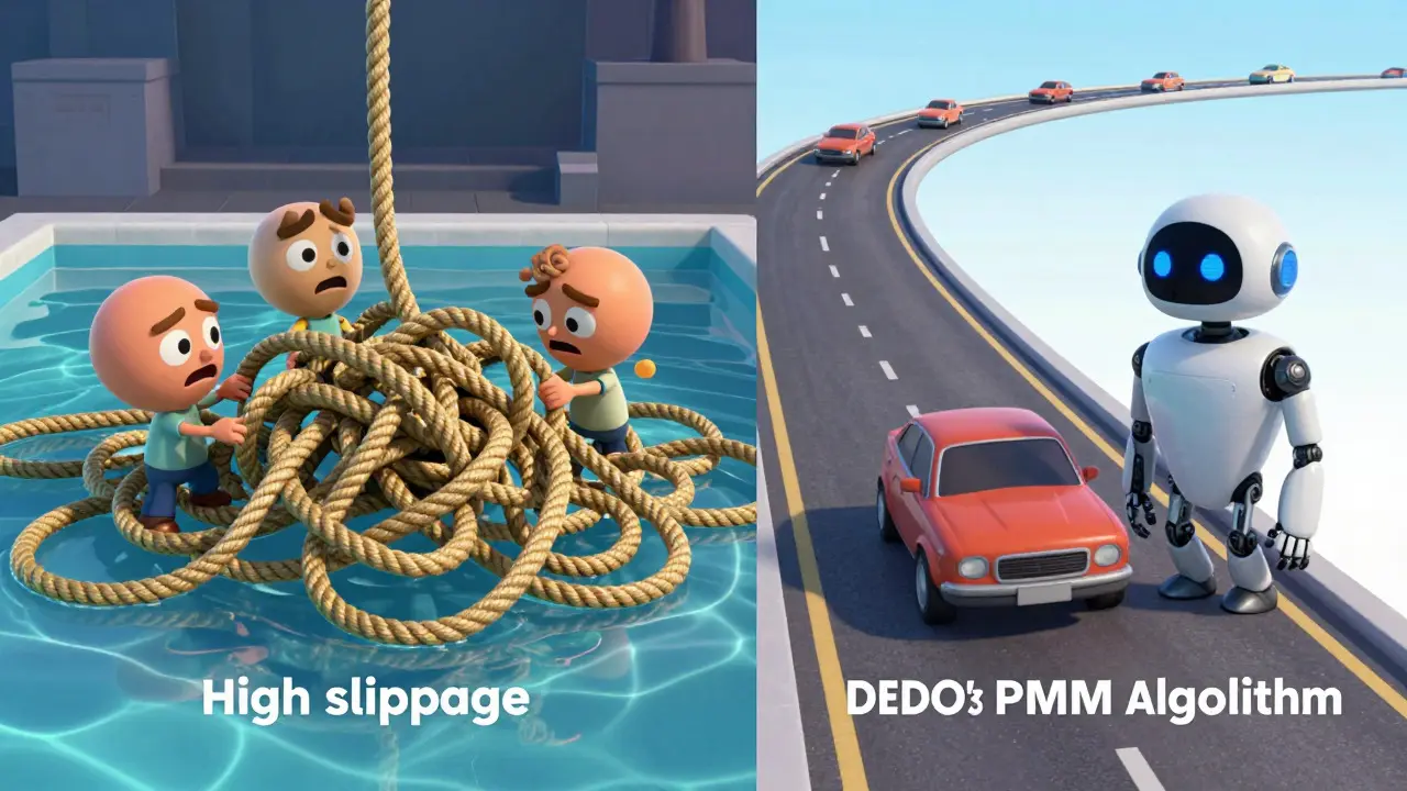 Cartoon comparison of tangled ropes vs smooth highway for trading