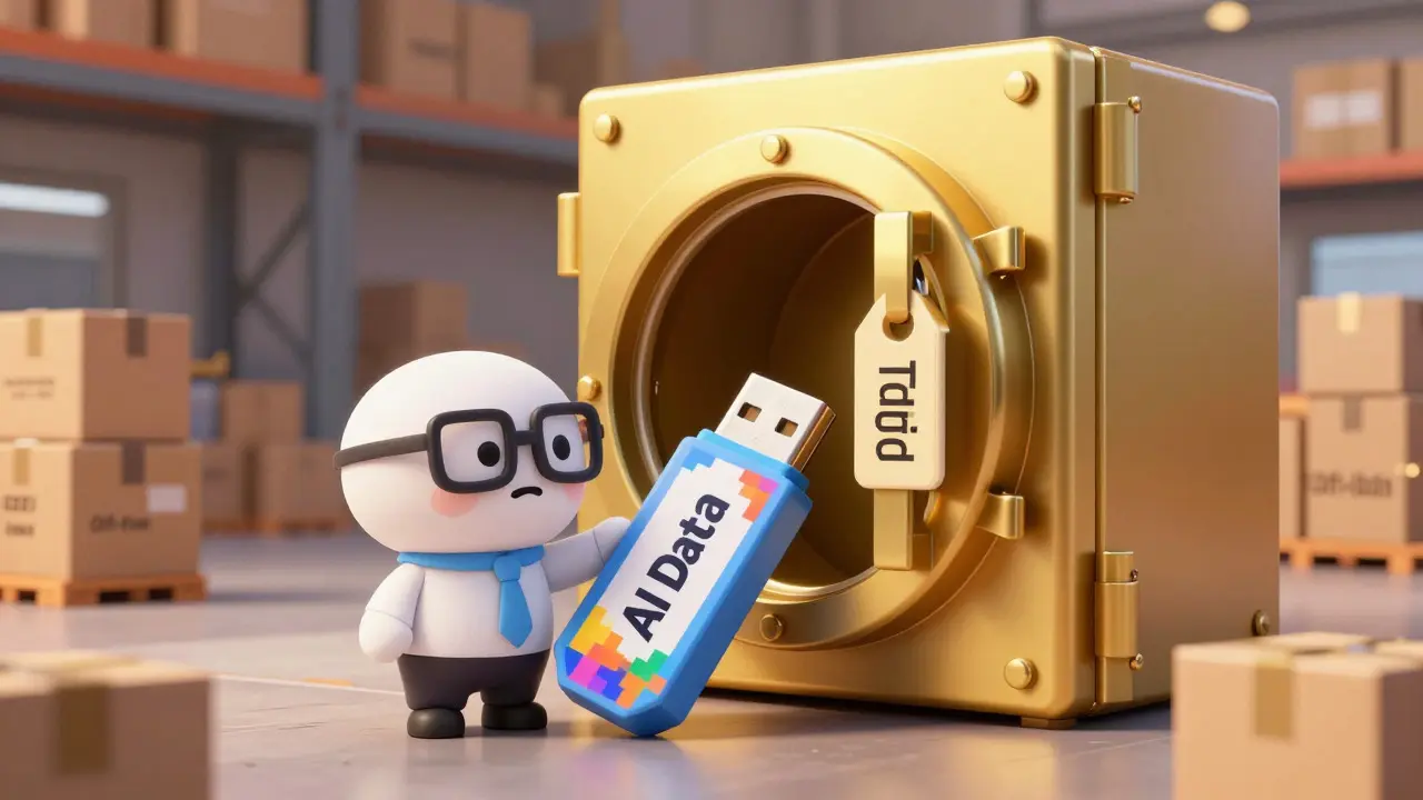 Cartoon developer trying to fit large AI data into an expensive blockchain vault.