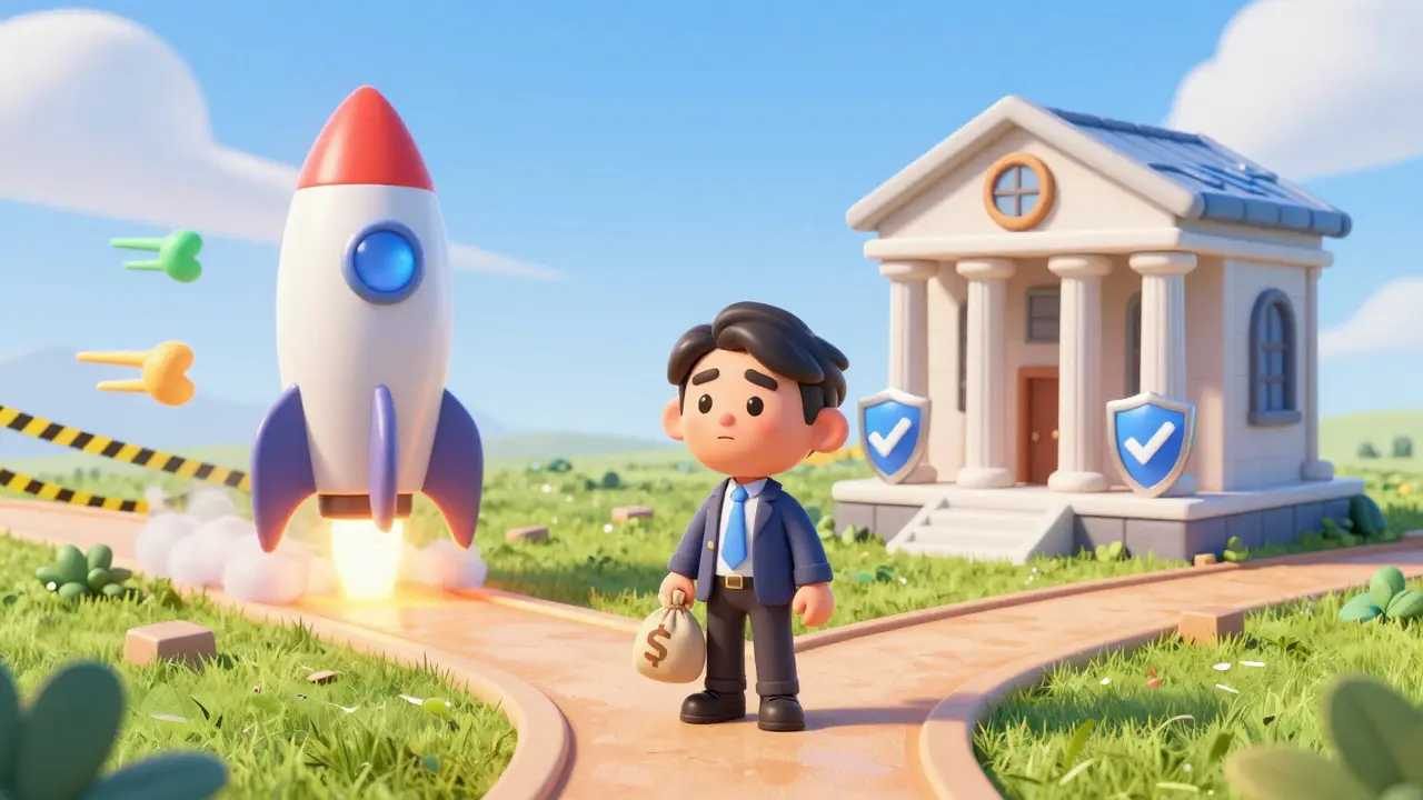 Cautious investor choosing between a fast rocket ship path and a secure bank building path.
