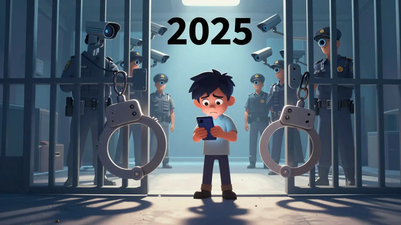 Character facing prison threats and surveillance under new strict crypto laws.