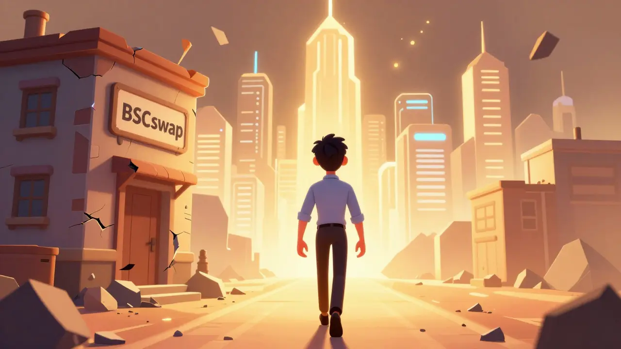 Character leaving a crumbling exchange for a bright future