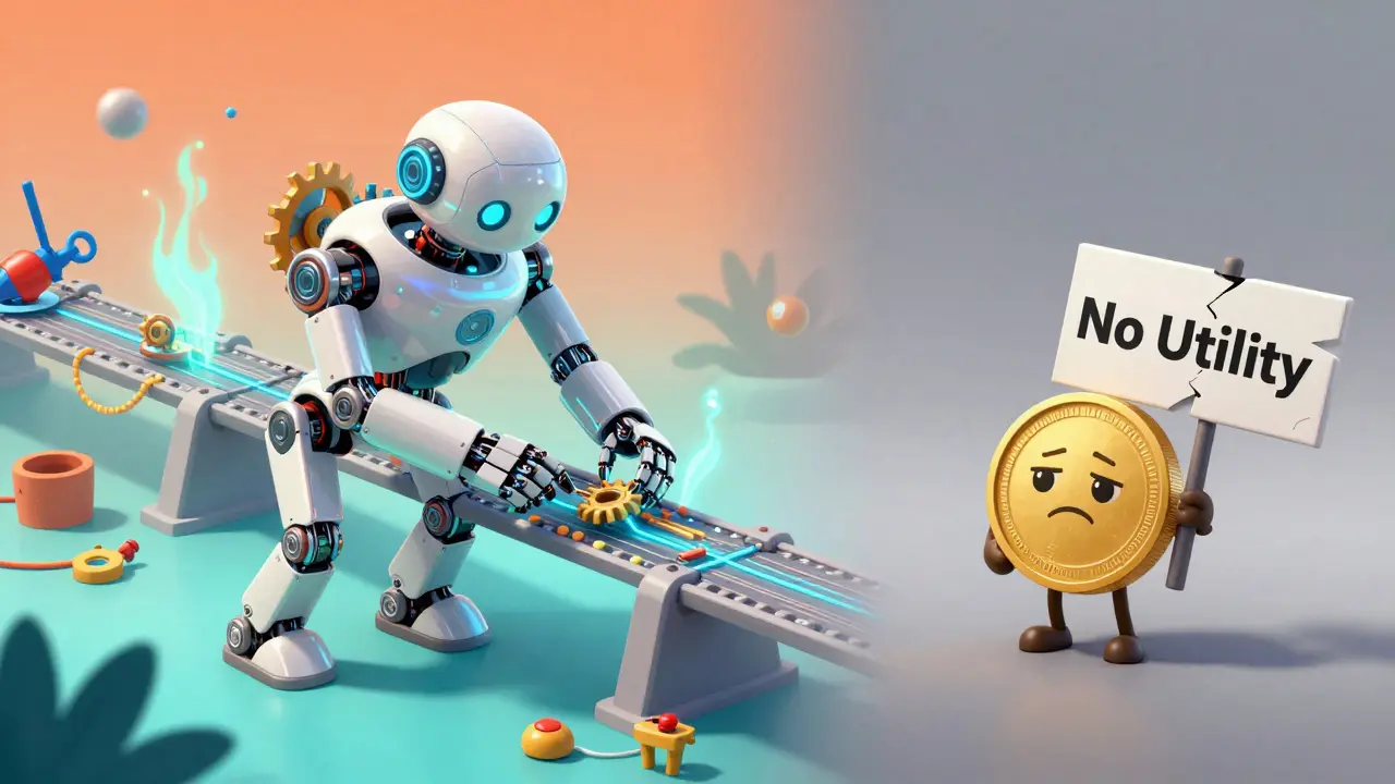Comparison of a productive AI robot versus a useless WEB coin in a split-screen view.