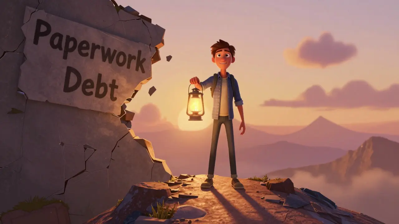 Confident cartoon founder celebrating freedom from bureaucracy on a mountain peak.