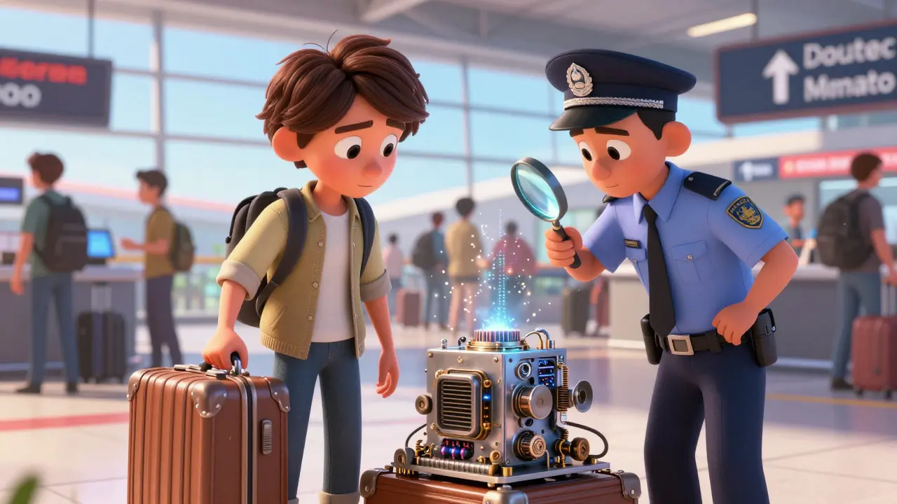 Customs officer confiscates mining rig from suitcase at airport checkpoint
