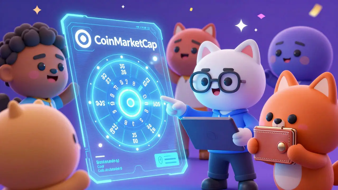 Cute animated characters interacting with a holographic lottery wheel and crypto wallets