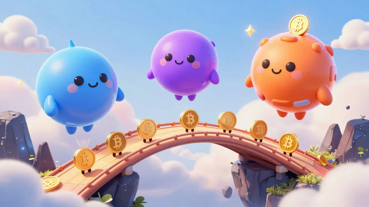 Cute coins crossing a safe bridge between blockchain islands