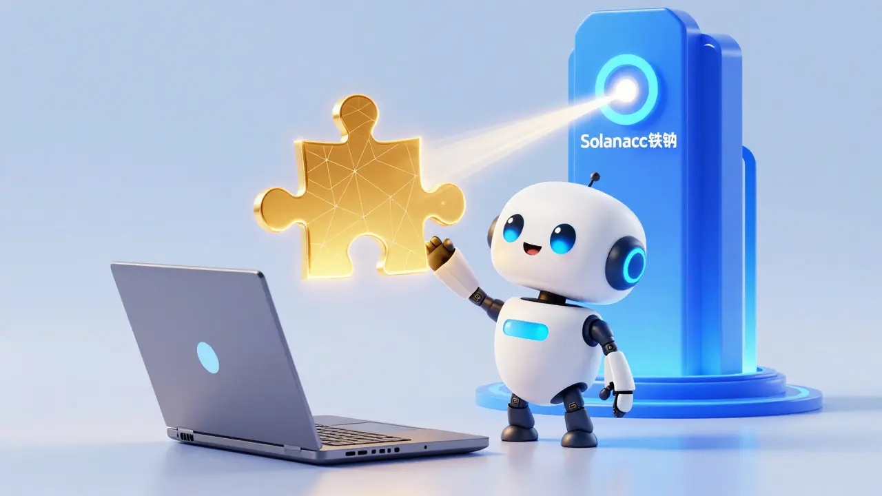 Cute robot solving a puzzle connected to a blockchain pillar