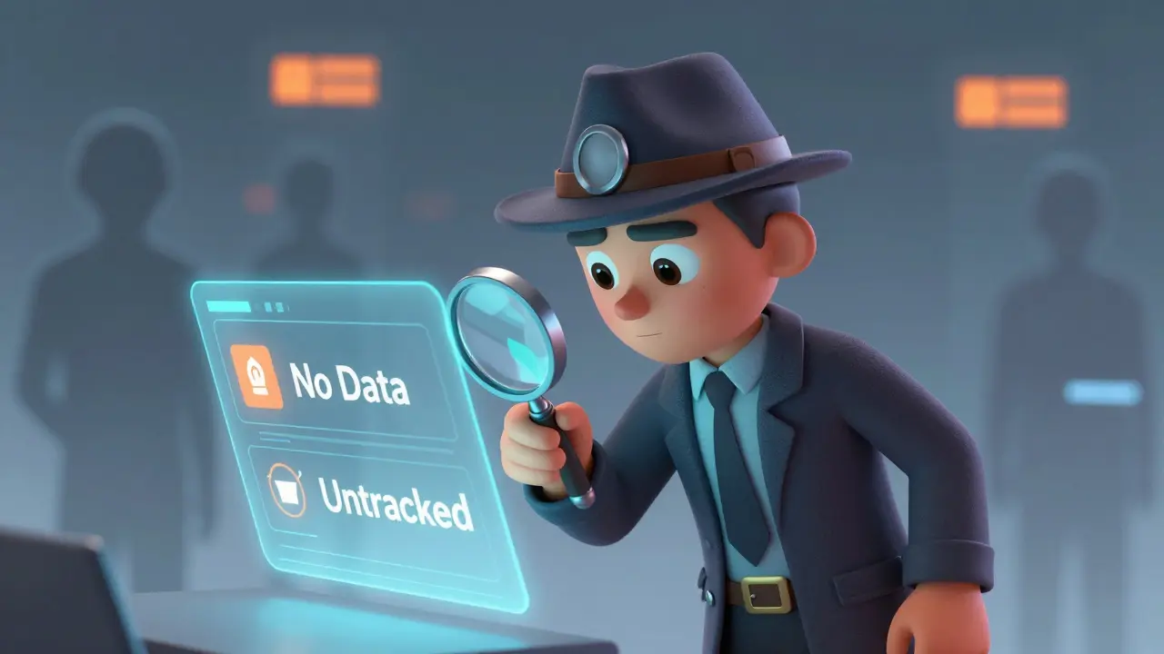 Detective inspecting untracked data charts with ghostly background