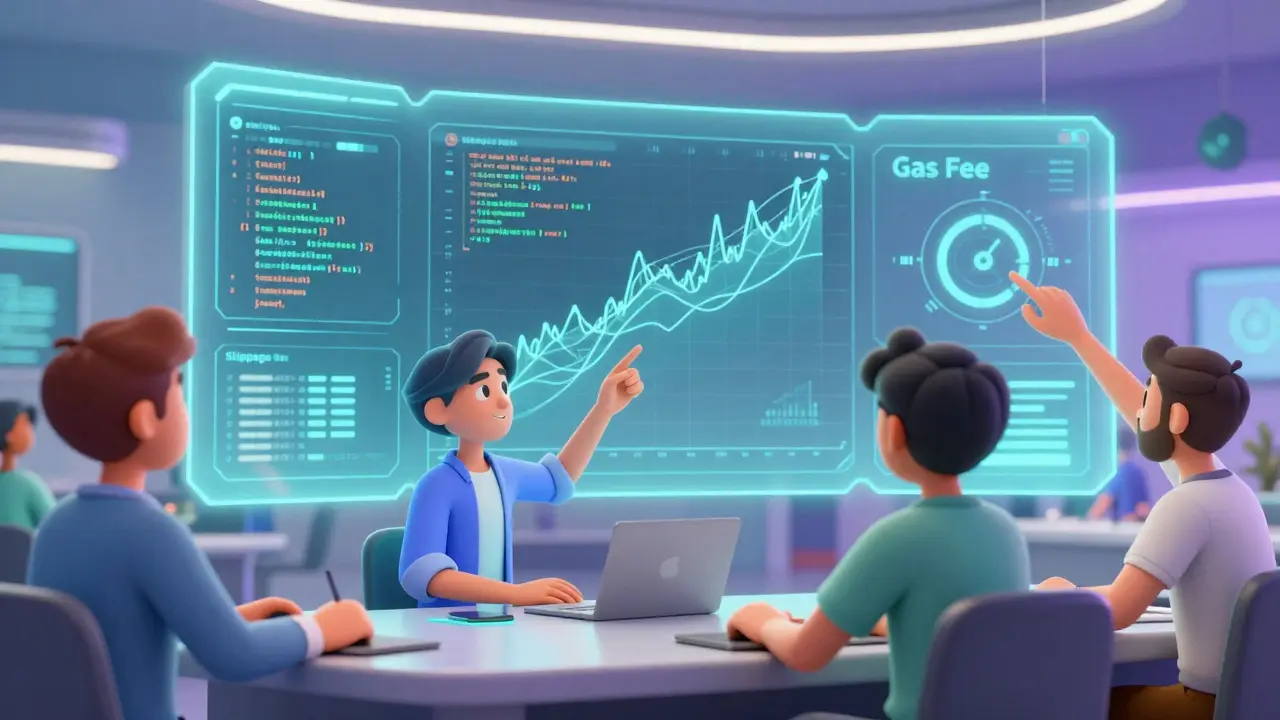Developers monitoring holographic screens in a high-tech control room.