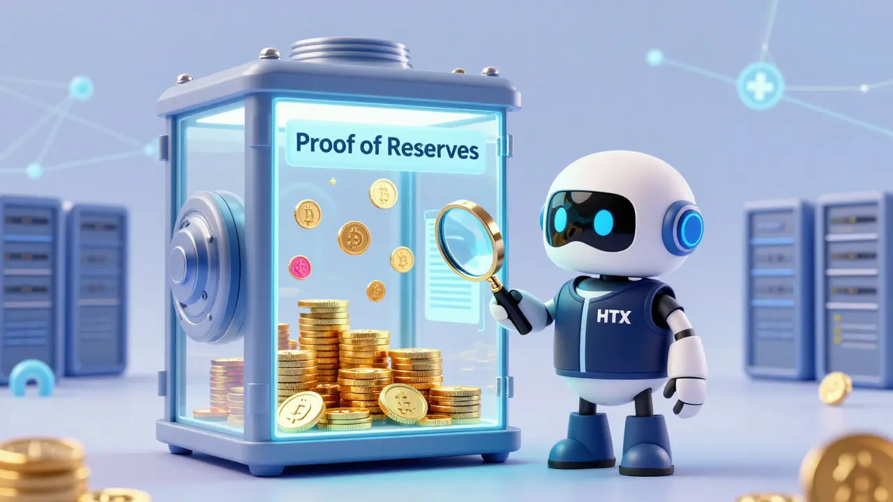 Friendly robot guarding transparent vault with crypto assets, symbolizing HTX security