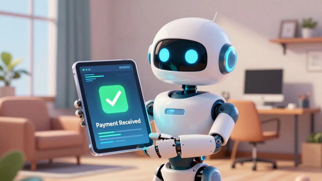 Friendly robot showing easy payment confirmation on a tablet