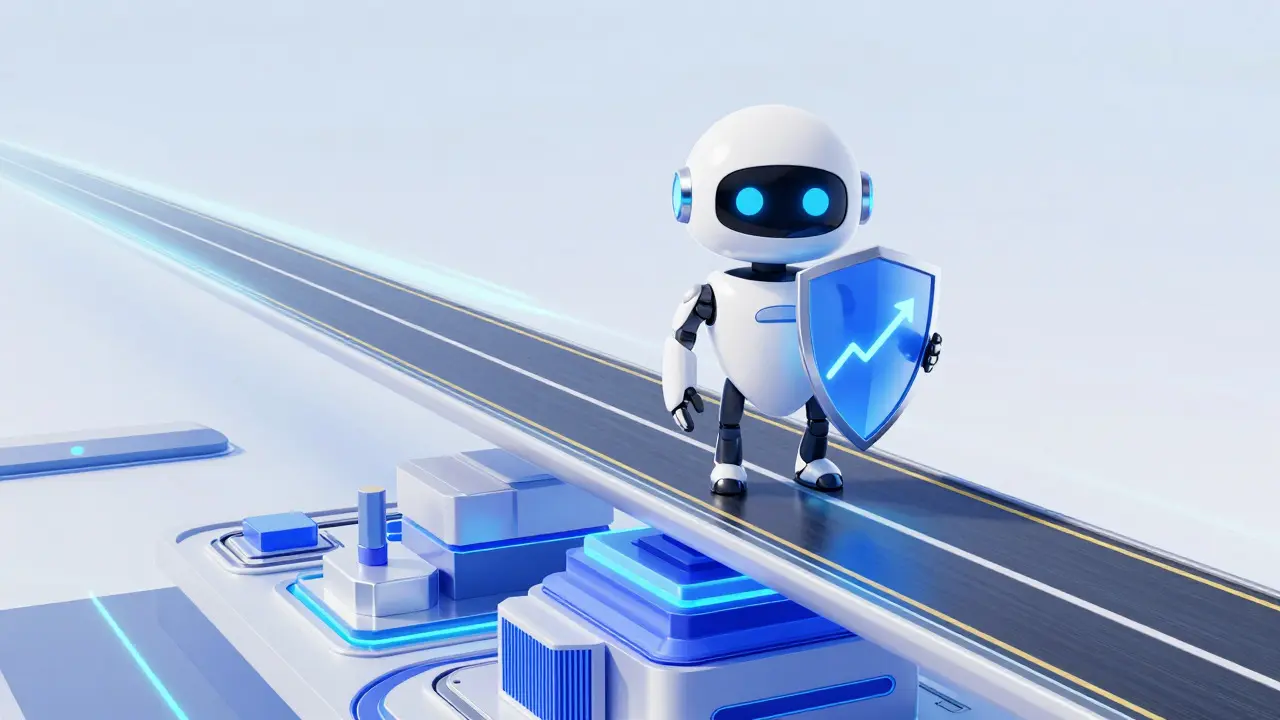 Friendly robot standing on a glowing blue energy highway representing blockchain tech.