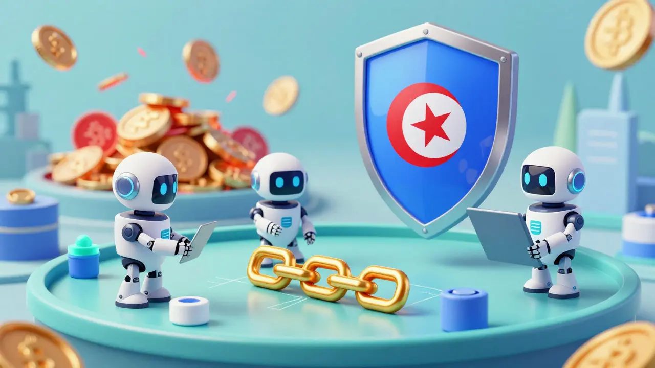 Futuristic blockchain sandbox with robots, separating tech from crypto coins