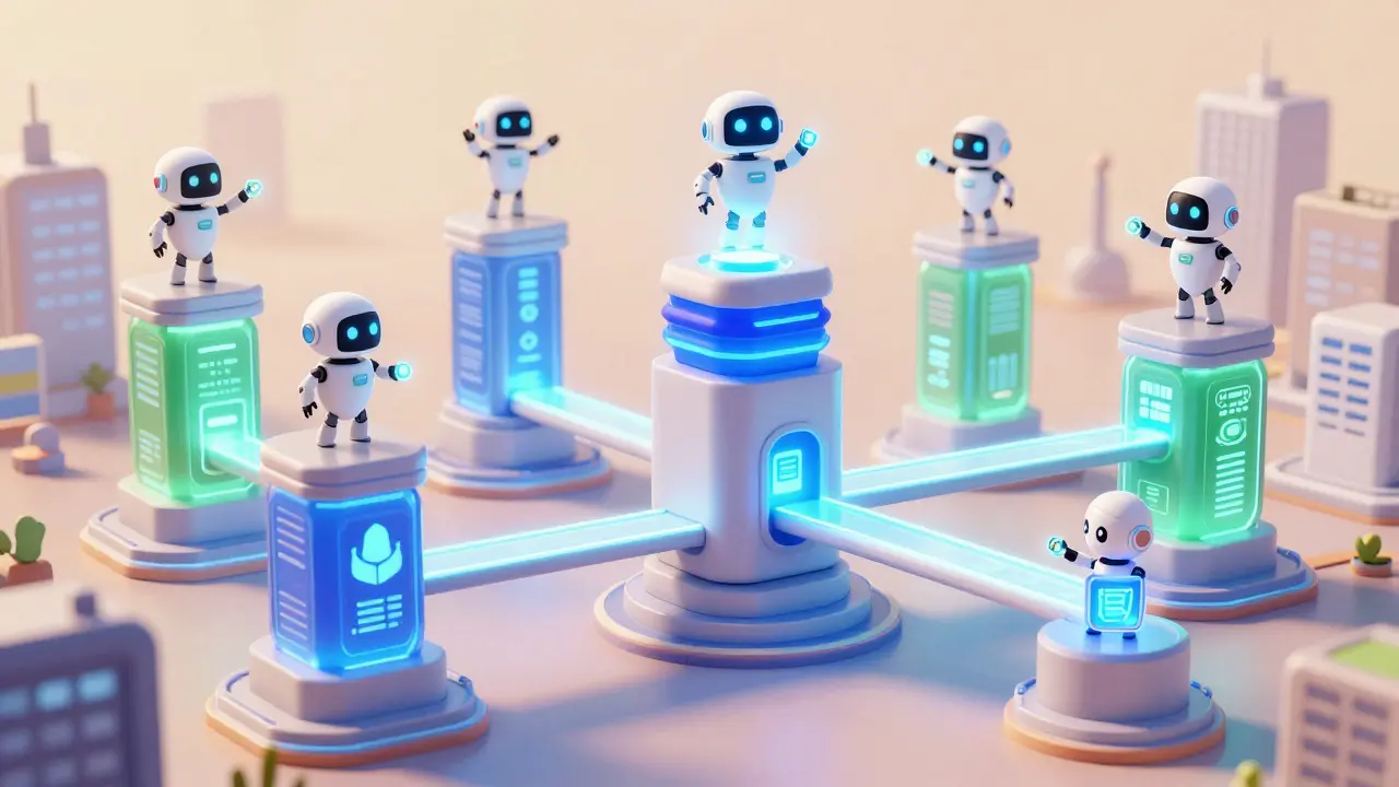 Glowing bridges connecting specialized blockchain towers in a futuristic city
