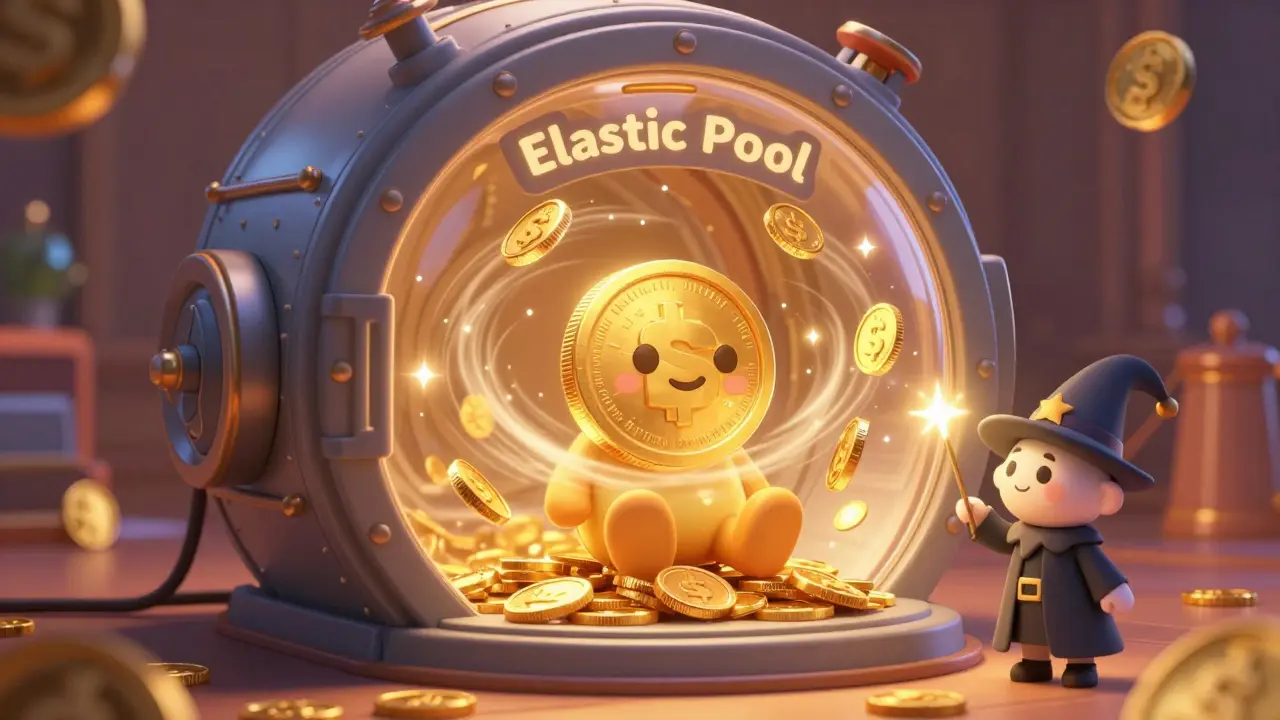 Golden coin growing inside a vault as fees automatically compound around it