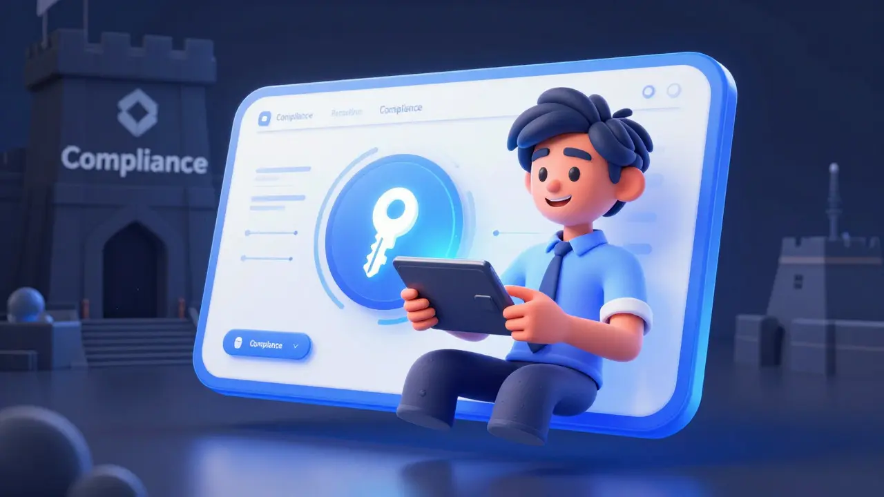 Happy cartoon user connecting wallet to blockchain, bypassing compliance barriers.