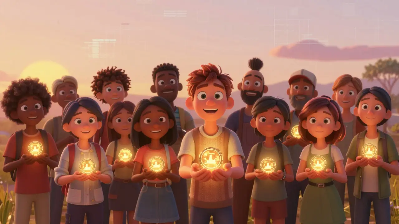 Happy crowd holding glowing pixel coins in a digital sunset