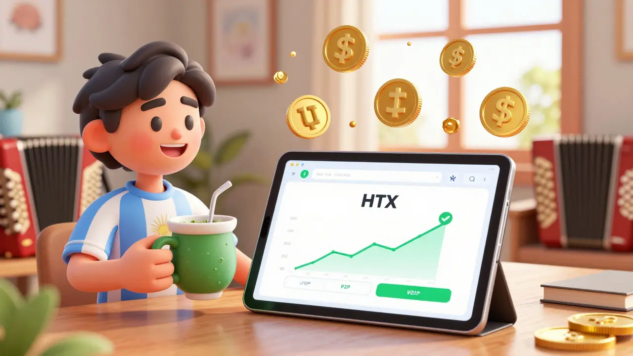 Happy user trading crypto on tablet with mate tea, showing successful P2P transaction