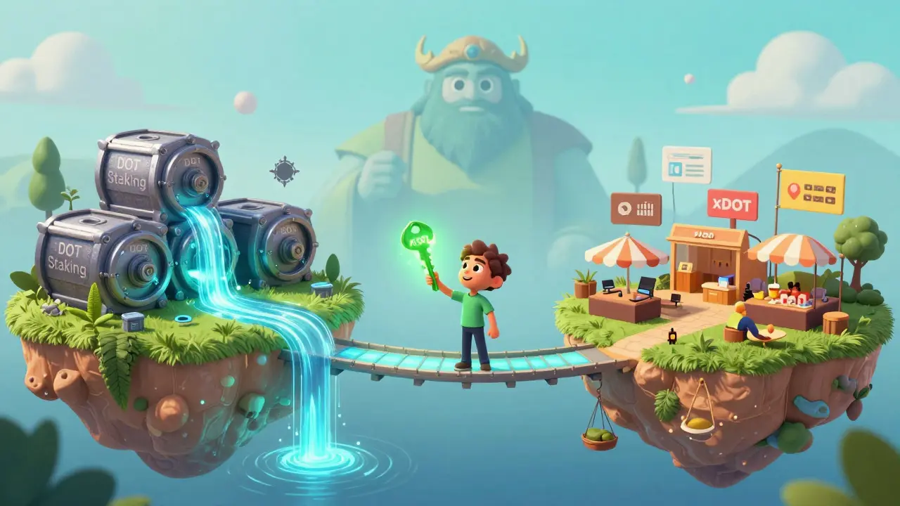 Illustration of a character using a key to unlock liquidity between staking and trading islands