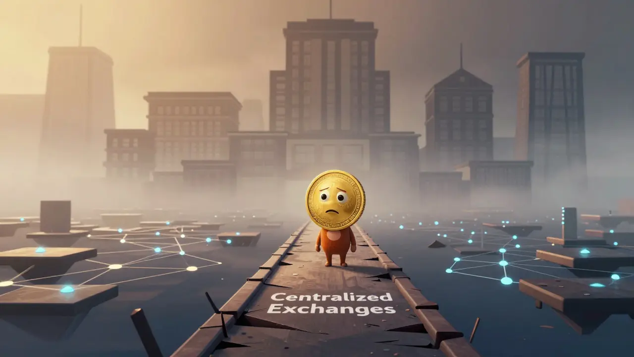 Monero coin character facing uncertain future on crumbling exchange bridge