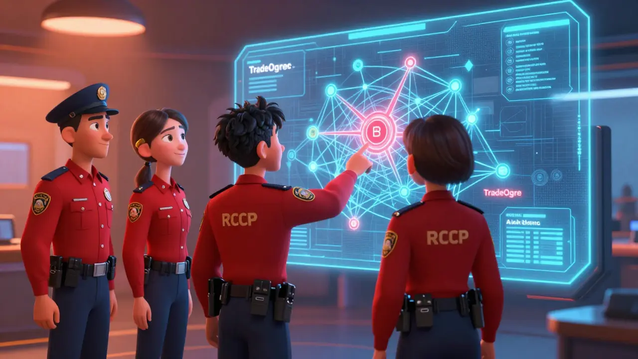 RCMP officers and tech avatars analyzing blockchain data on a hologram