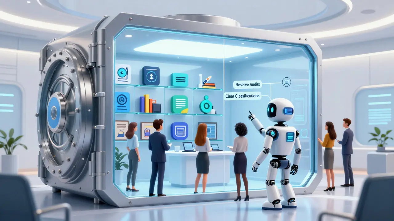 Secure digital vault with organized assets and a robot guide in Pixar style