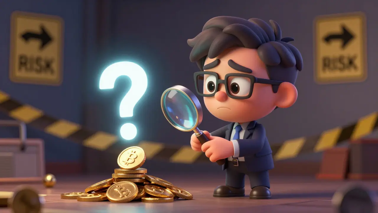 Skeptical investor examining an MM coin with caution symbols in the background, Pixar style.