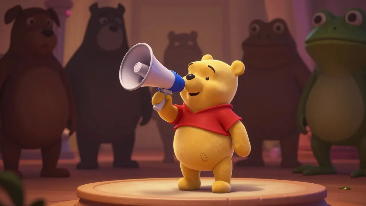 Small bear with megaphone facing giant meme coin silhouettes