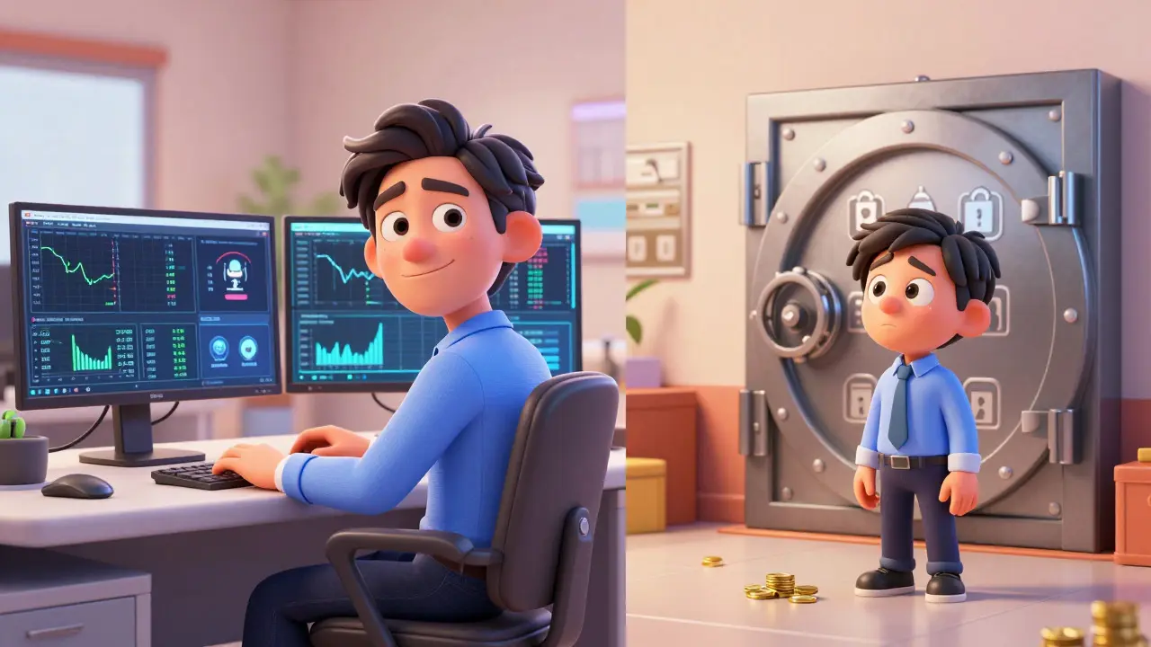 Split scene showing confident expert trader vs confused beginner near a locked vault in a modern office.