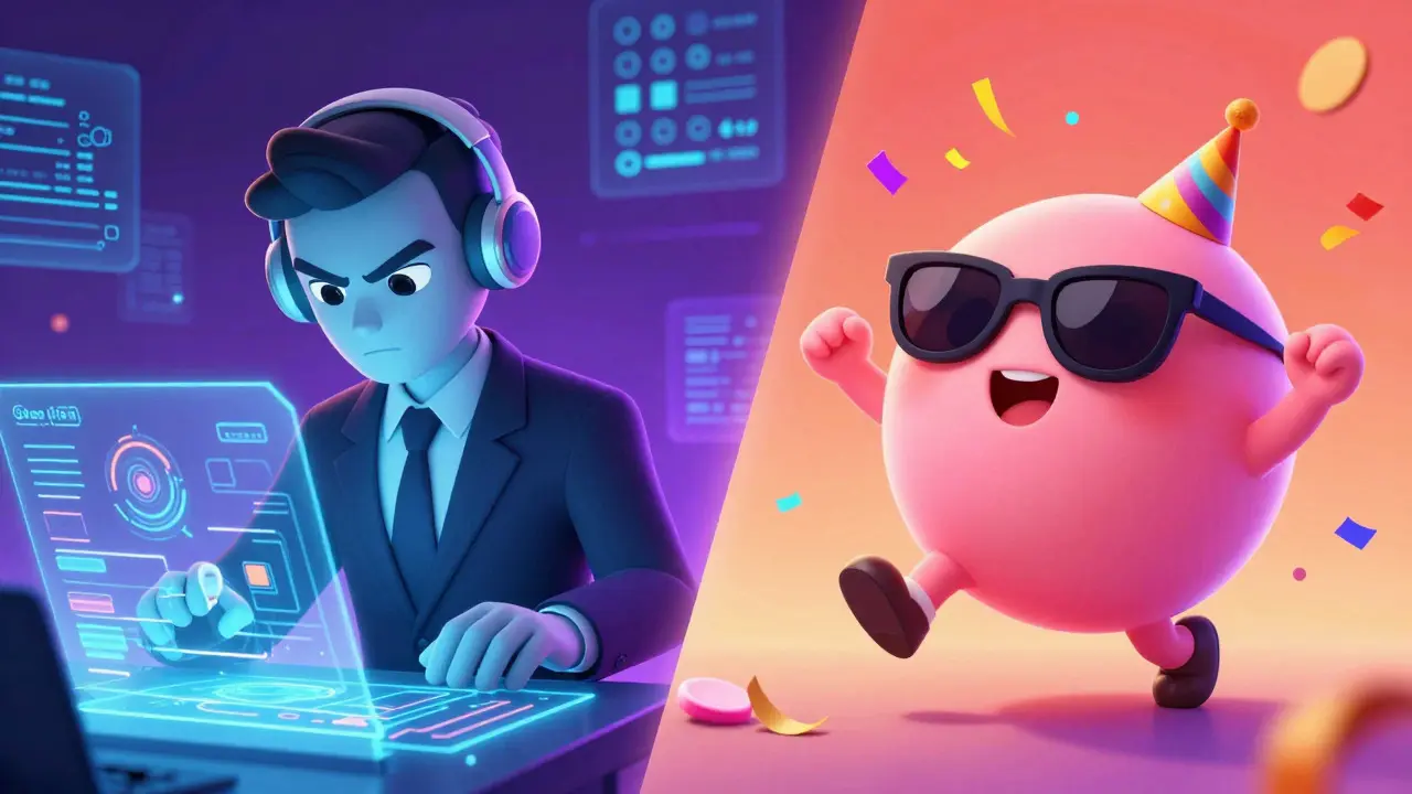 Split scene showing serious AI analysis and playful dancing mascot characters.