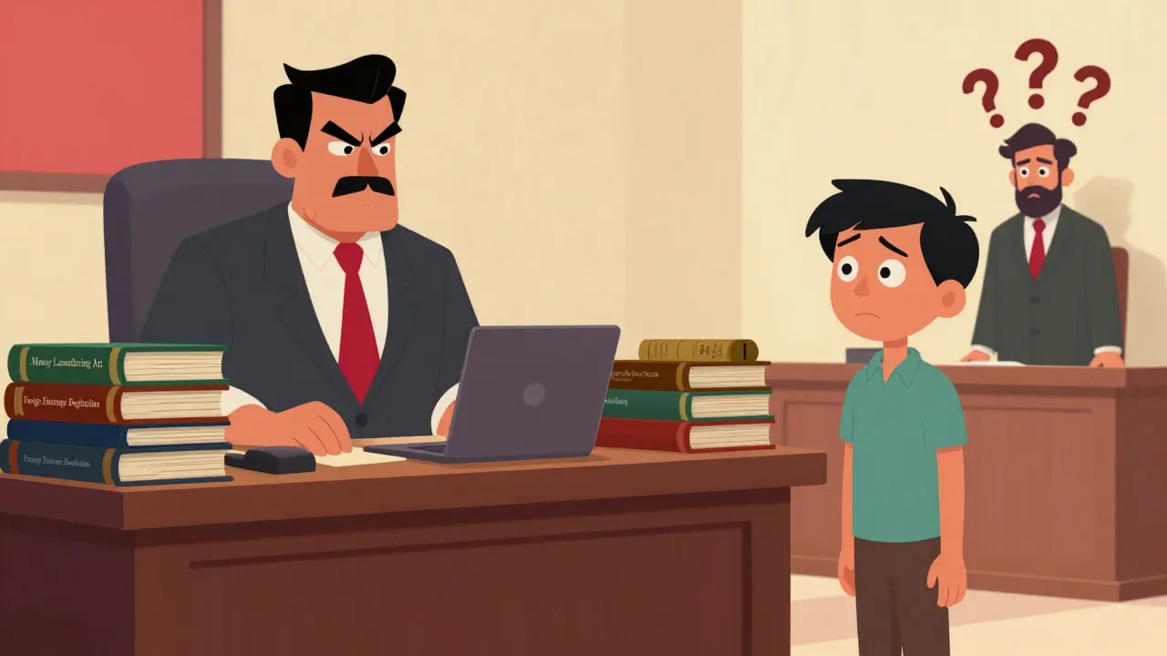 Surreal cartoon courtroom showing confusion over crypto laws