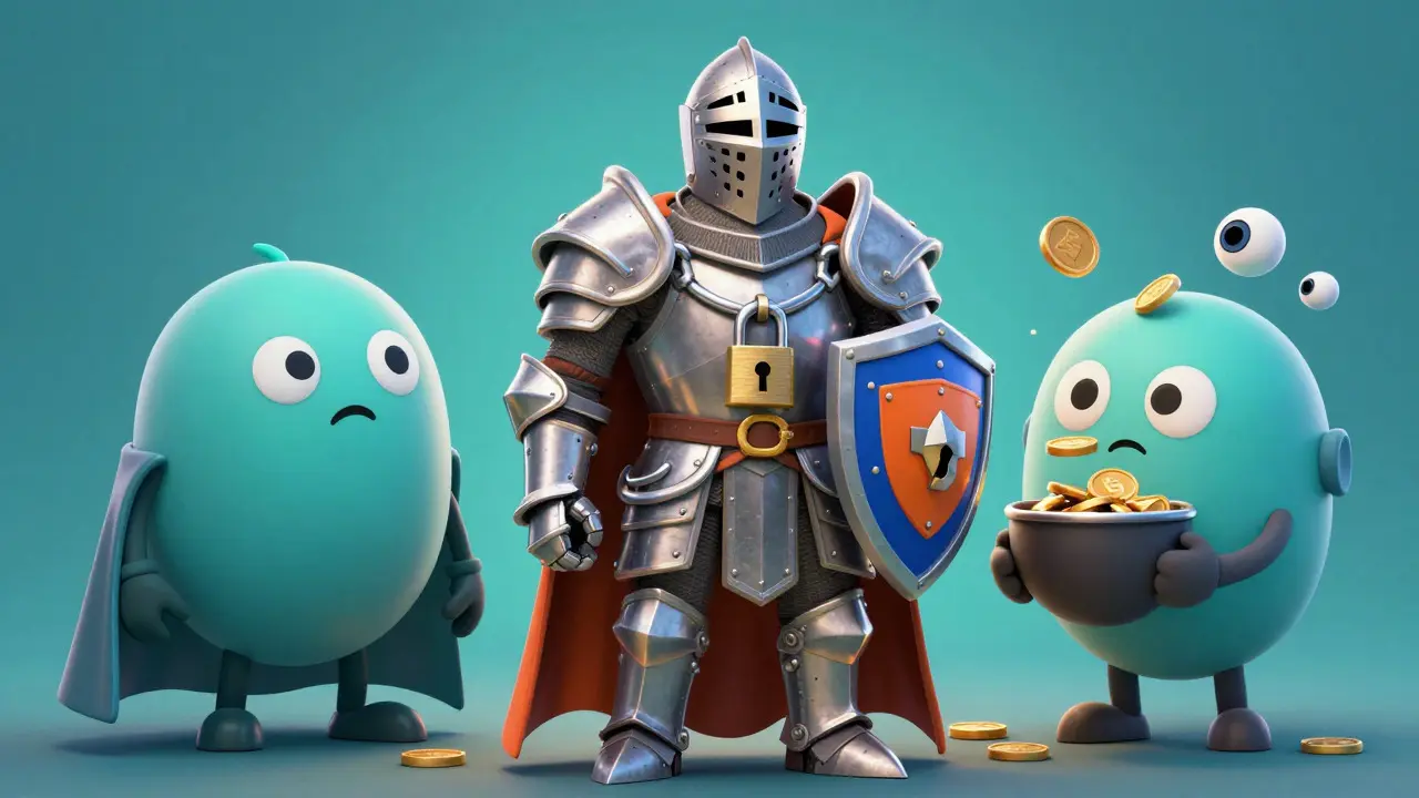 Three characters comparing privacy levels of Monero, Zcash, and Dash