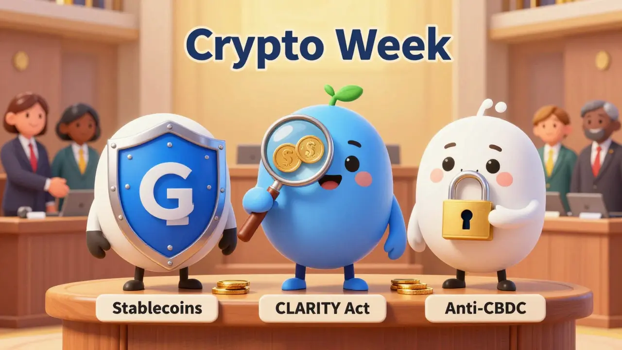 Three friendly characters presenting new crypto laws on a bright podium in Pixar style