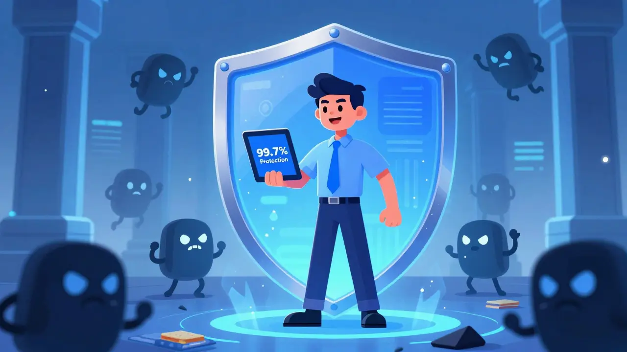 Trader protected by a shield from malicious bots in a cartoon style
