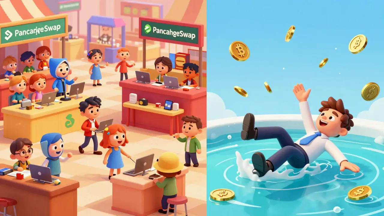 Trader slipping in a shallow pool vs busy market in Pixar style