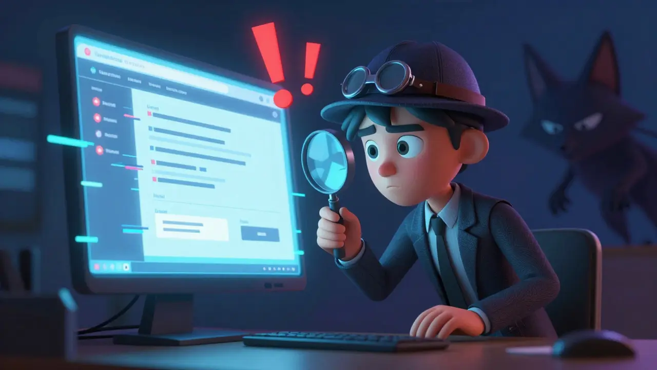A cartoon detective inspecting a glitchy screen while a shadowy fox watches