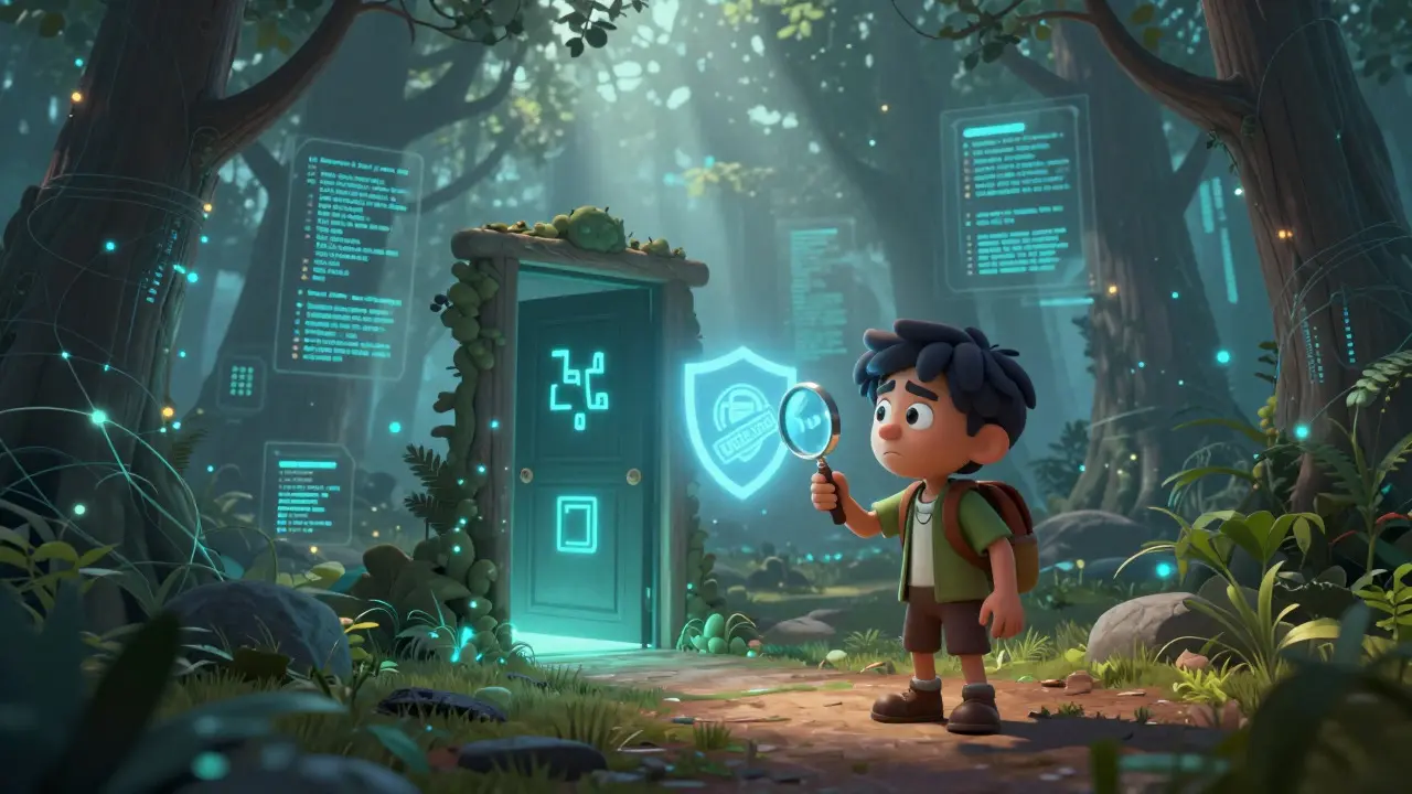 A cartoon explorer investigates a mysterious glowing door in a digital forest, symbolizing verifying obscure crypto exchanges.