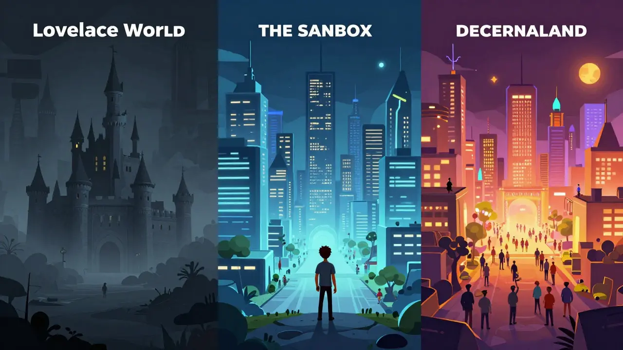 A character comparing a quiet foggy castle with two bustling bright cities