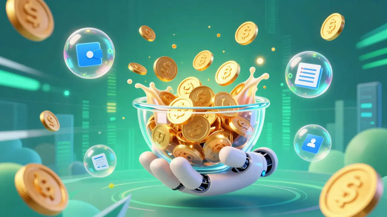 A robot hand pouring glowing coins into a bowl amidst digital data streams