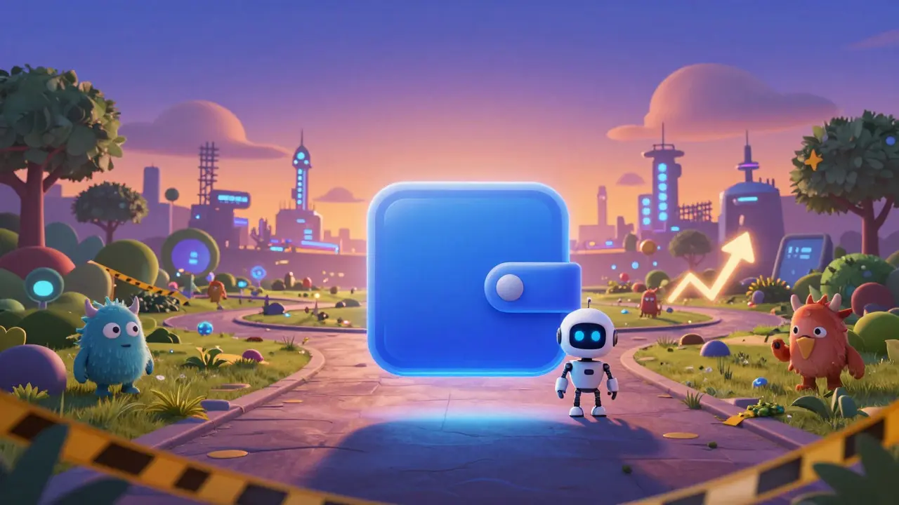 A secure digital wallet in a futuristic park with growing structures