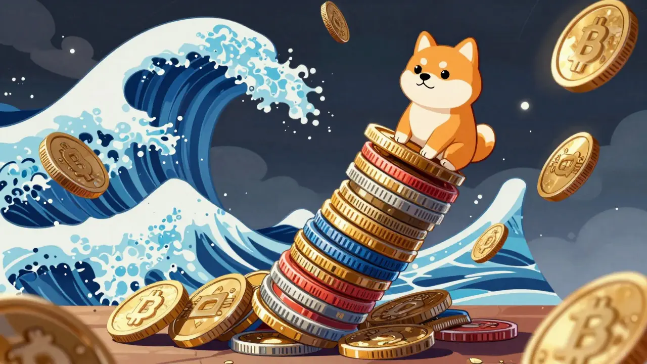 A Shiba Inu balancing on a wobbly stack of coins amidst a crashing wave