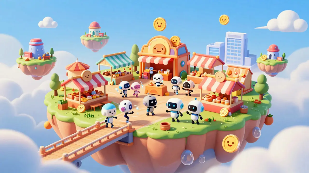 A vibrant Pixar-style marketplace on a floating island depicts efficient token trading and network interoperability.