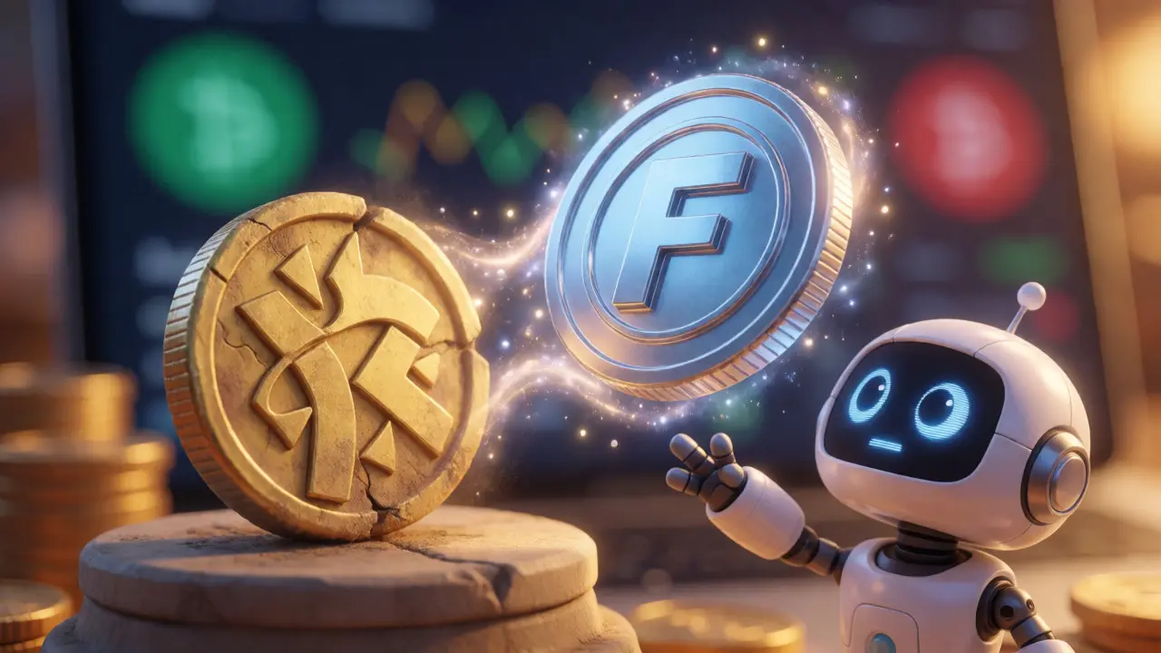 An animated robot reaching for a shiny new FUND coin replacing an old UND token.